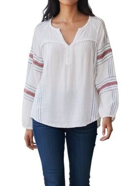 Roxy Boho Peasant Top Cream Embroidered Blouse Coastal Cowgirl Gauze Tunic Med